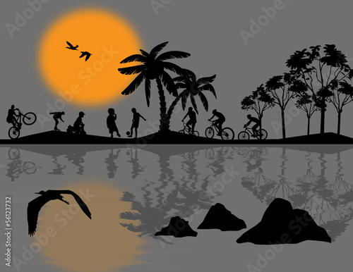Beautiful landscape and children silhouette
