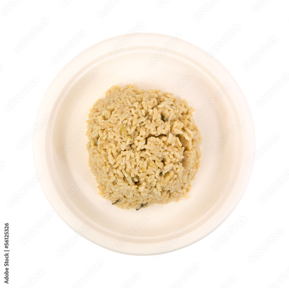 Risotto instant rice with asparagus on paper plate Risotto instant rice with asparagus on paper plate