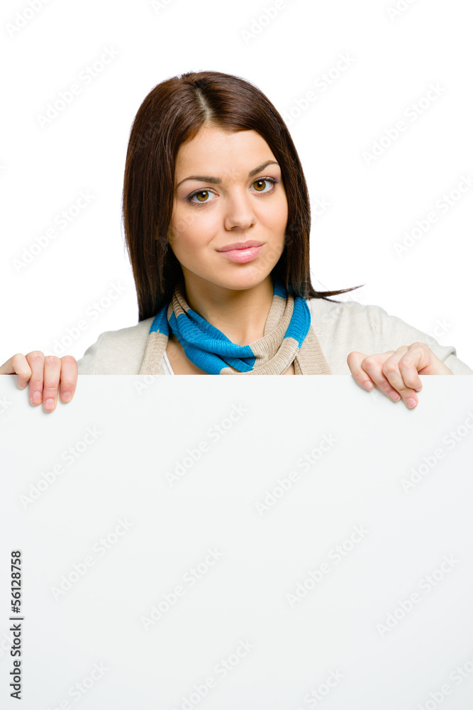 Woman handing white sheet of paper copyspace, isolated on white Woman handing white sheet of paper copyspace, isolated on white