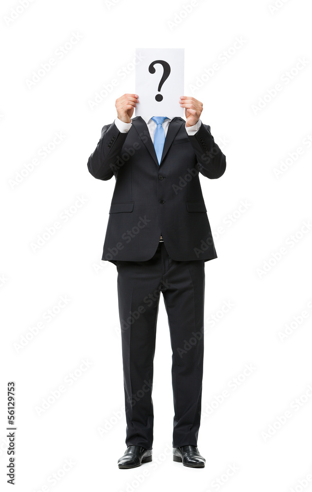 Full-length portrait of businessman keeping question mark Full-length portrait of businessman keeping question mark