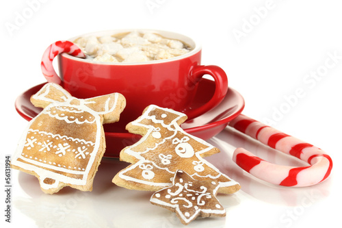 Cup of coffee with Christmas sweetness isolated on white