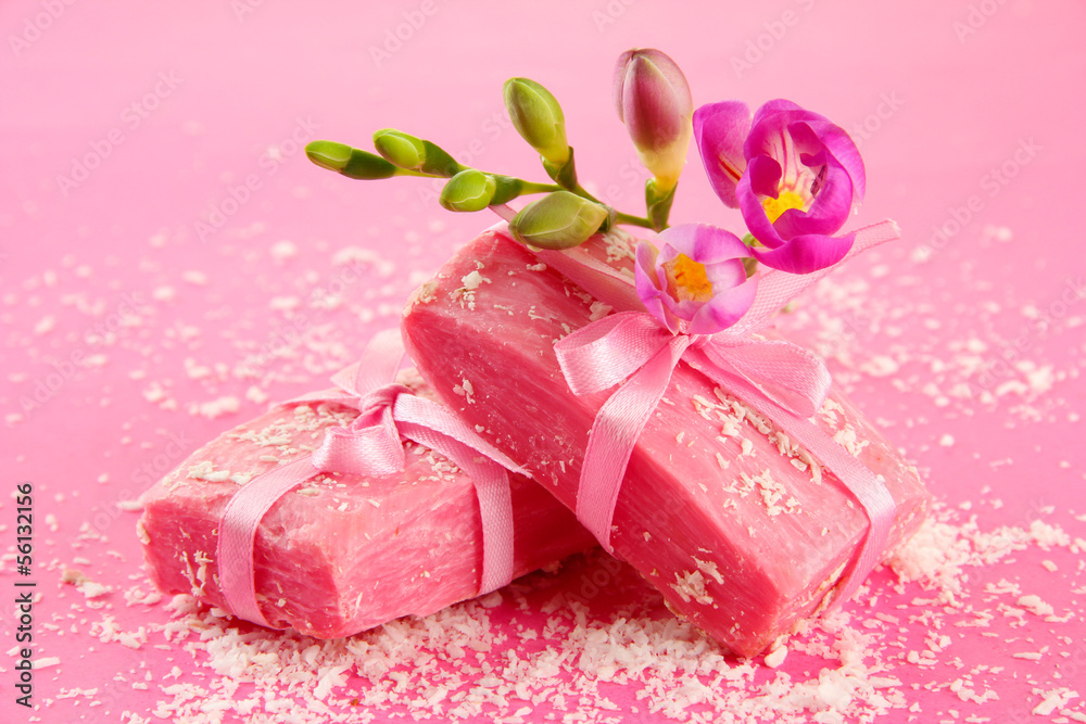 Natural handmade soap, on pink background Natural handmade soap, on pink background