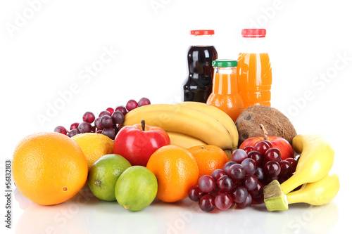 Different fruits and juice isolated on white