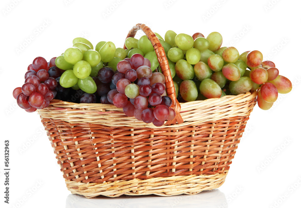 Fresh grape in wicker basket, isolated on white Fresh grape in wicker basket, isolated on white