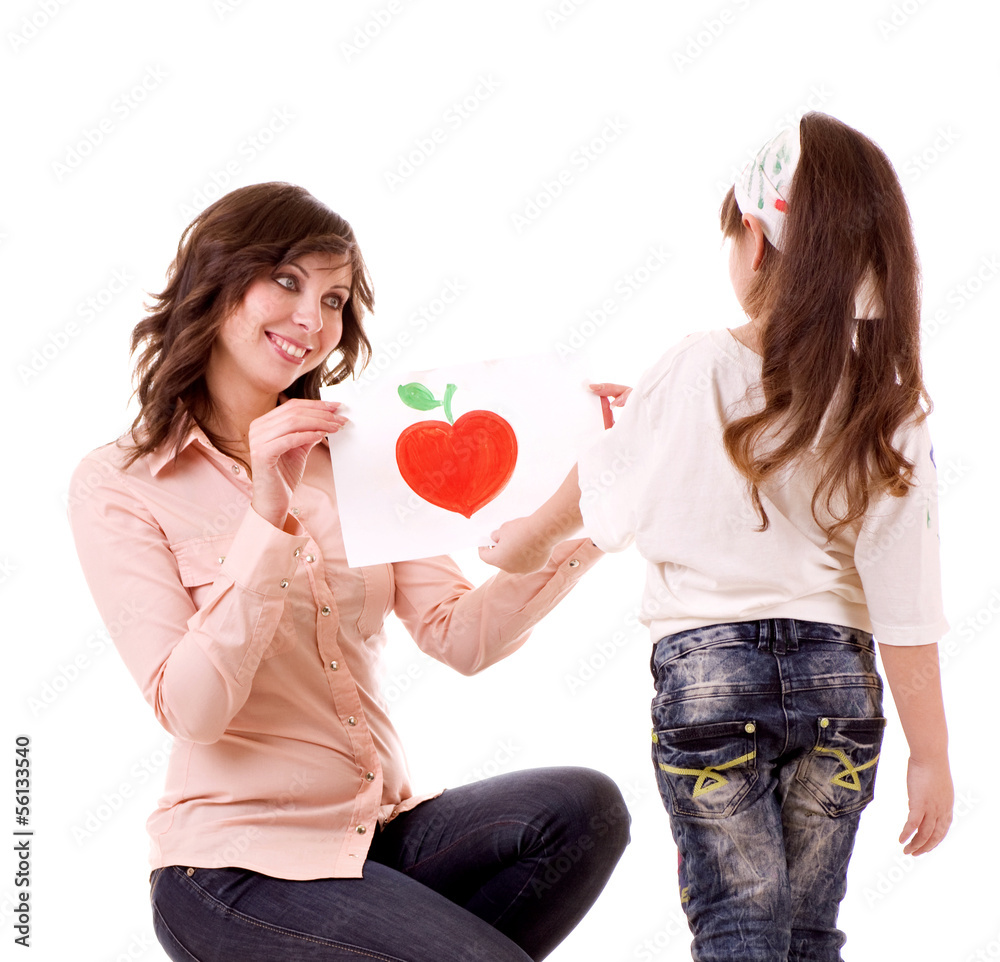 Happy family, young mother and her daughter with color paint Happy family, young mother and her daughter with color paint