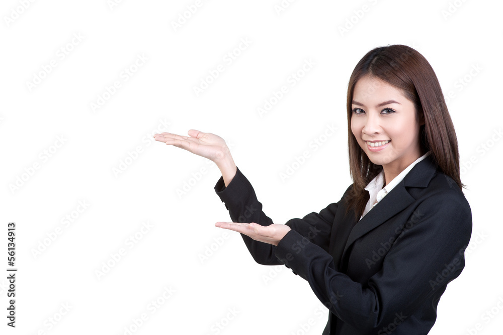 Attractive business woman present suit isolated Attractive business woman present suit isolated