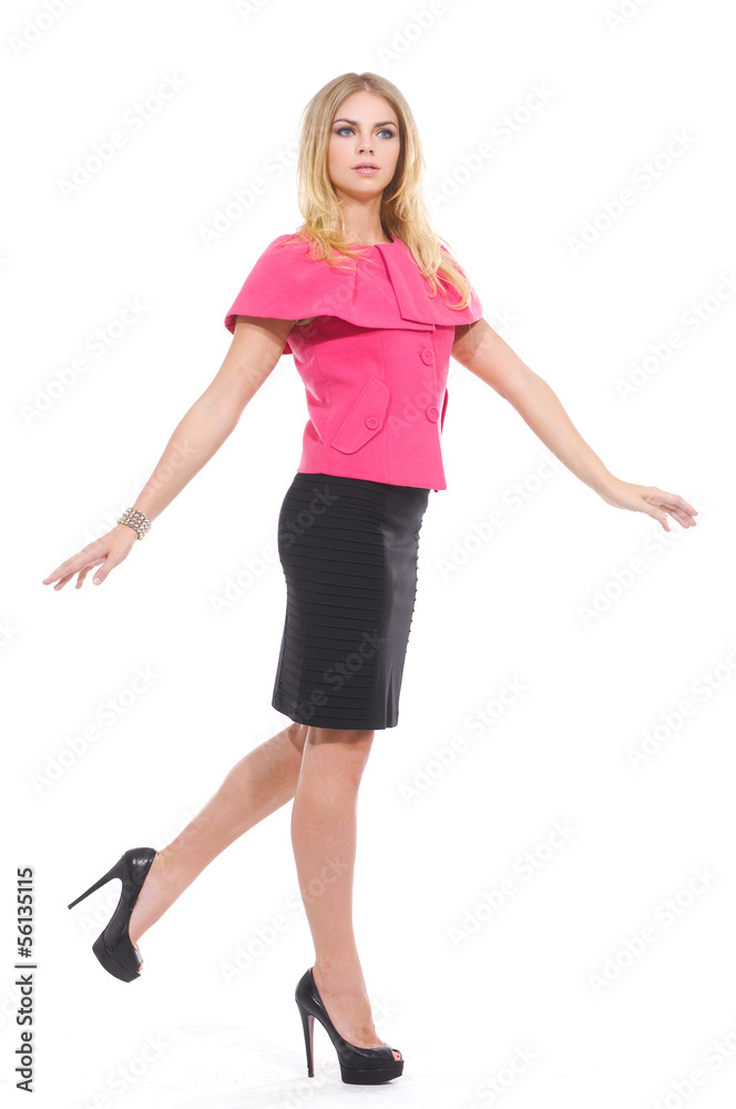 full-length portrait of young girl walking on white background full-length portrait of young girl walking on white background