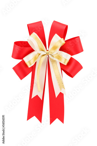 gold and red ribbon bow isolated on white background