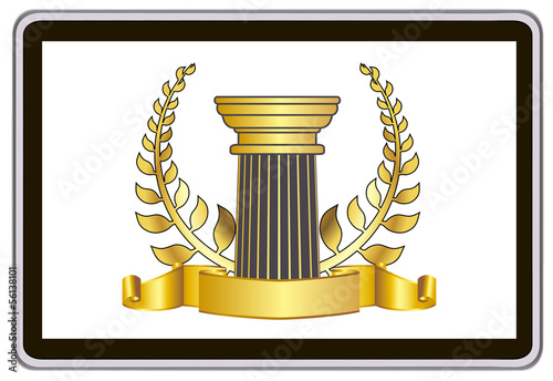 tablet pc computer. gold laurel wreath, ribbon, pillar