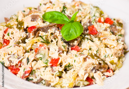 salad with chicken, mushrooms, eggs, cheese, vegetables