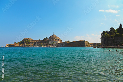 Old fortress of Corfu with harbor and blue sky. Ionian island. G