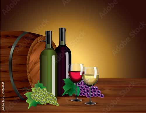 Wine bottles, glasses, grapes and barrel