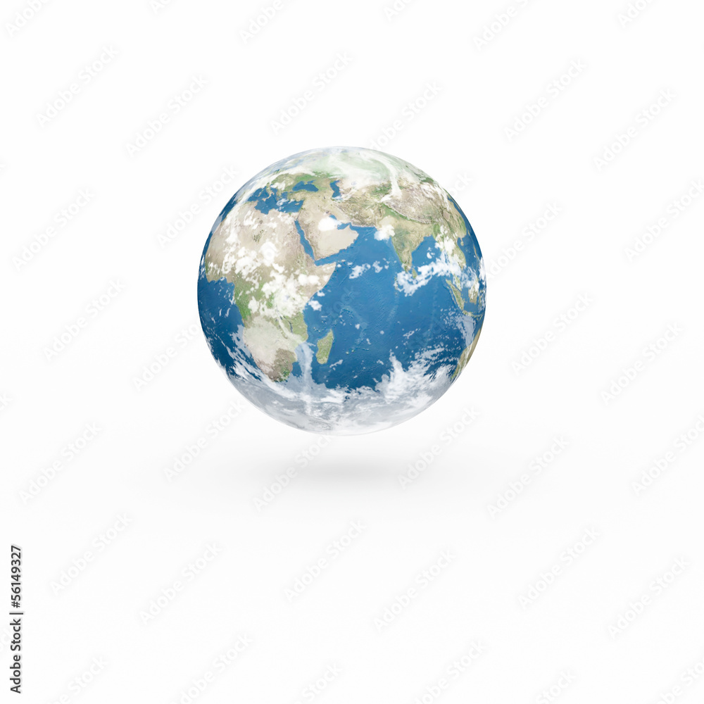 3D Earth model on white background with shadow.