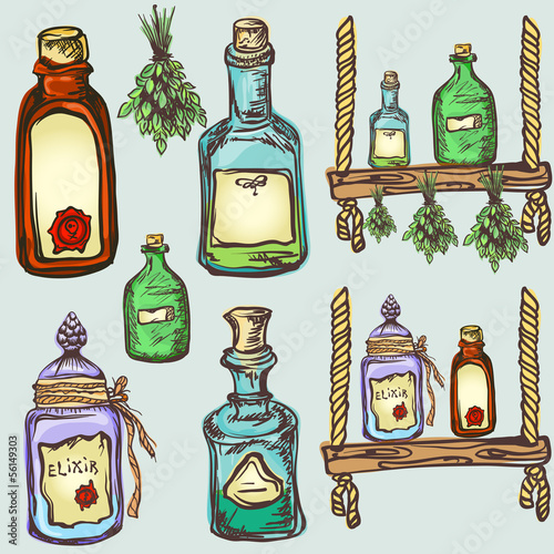alchemy magic craft, set of potions and elixirs