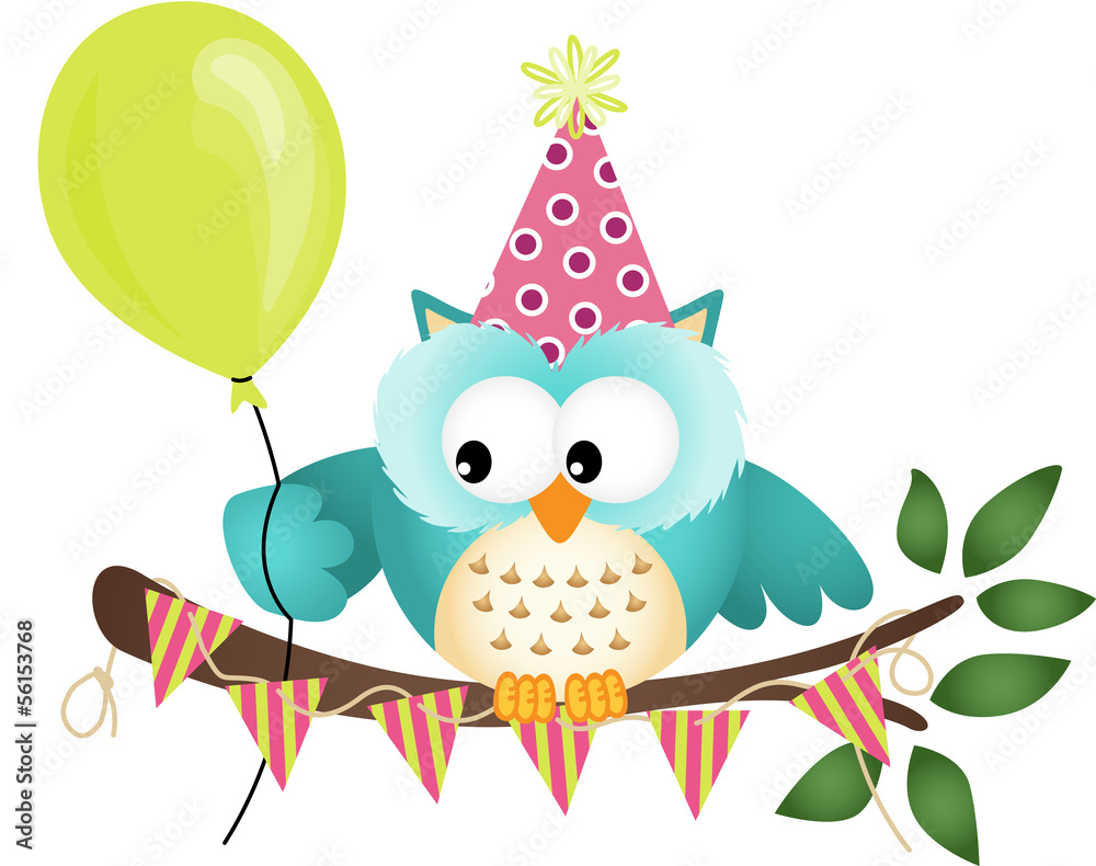 Owl Happy Birthday - obrazy, fototapety, plakaty 