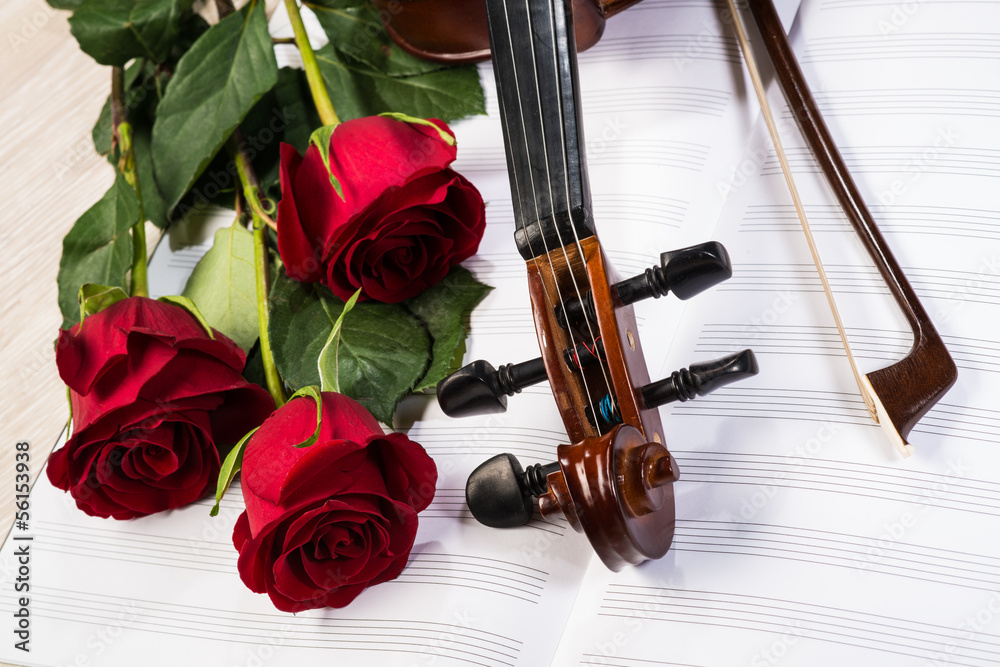 Fototapeta premium Violin, rose and music books