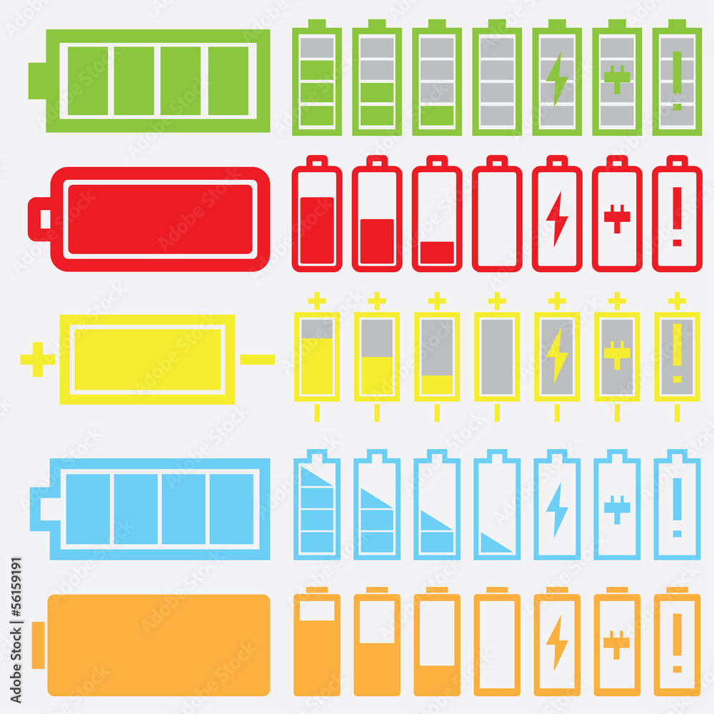 Vector black battery icons set Vector black battery icons set