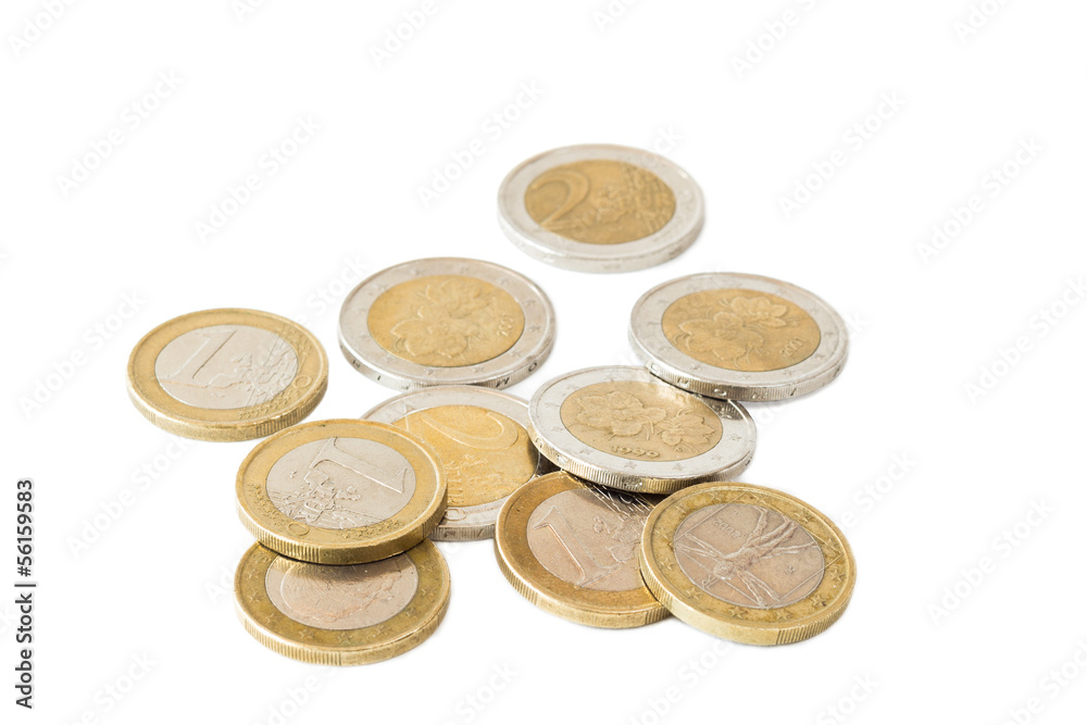 Several Euro coins isolated on white background