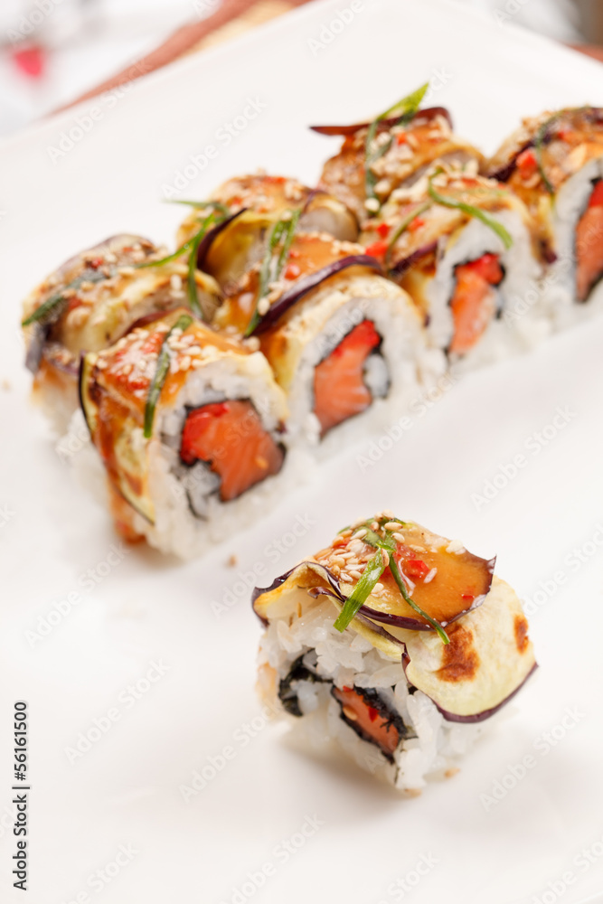 sushi with eggplant and salmon sushi with eggplant and salmon