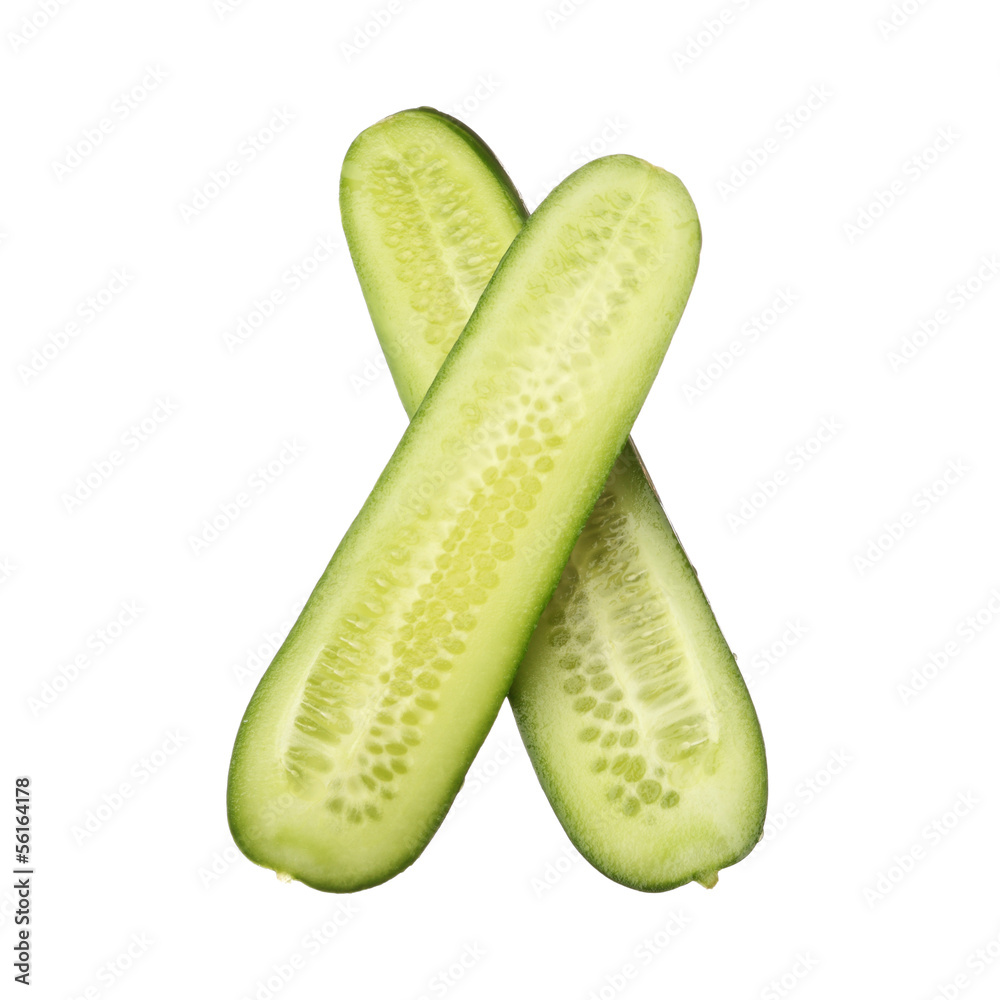 Fresh cut cucumber isolated on white background, close up Fresh cut cucumber isolated on white background, close up