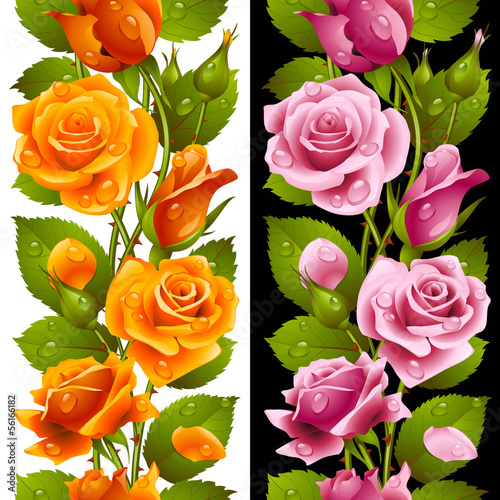 Vector yellow and pink rose vertical seamless pattern