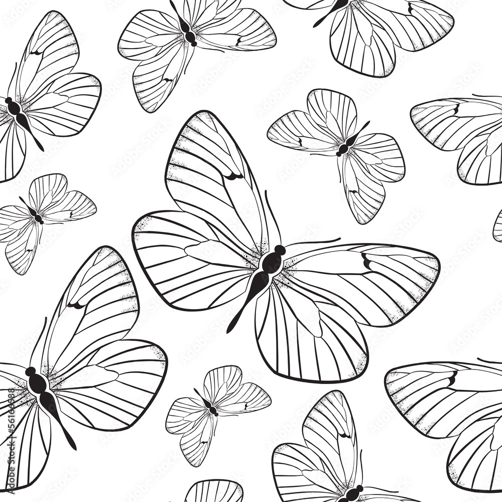 Seamless pattern with monochrome butterflies