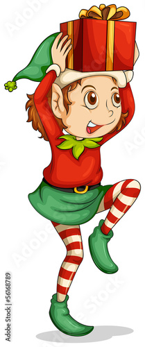 An elf with a gift above his head
