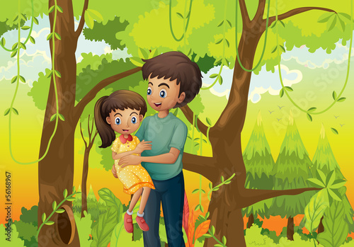 A forest with a father carrying his daughter