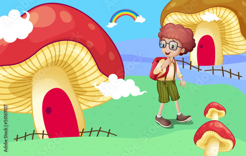A boy near the giant mushroom houses