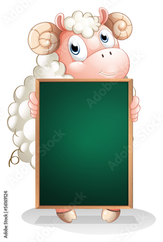 A shy sheep holding an empty blackboard