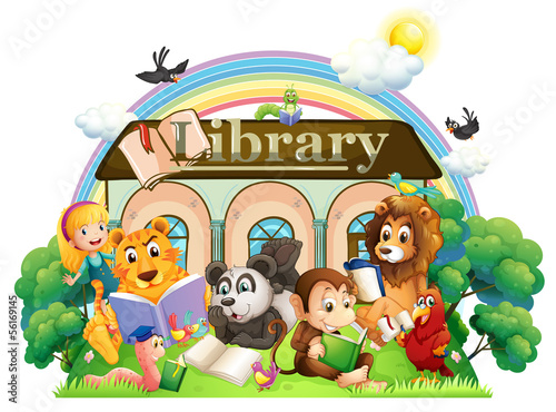 Animals reading in front of the library