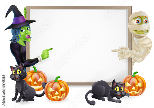 Mummy and Witch Halloween Sign