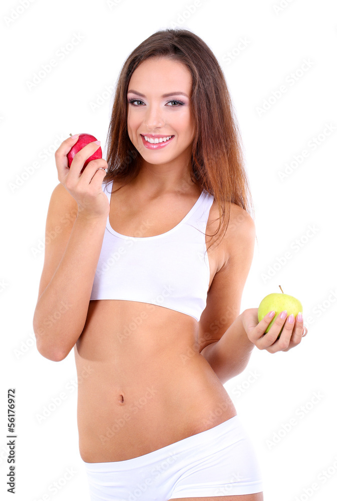 Beautiful young woman with apples isolated on white Beautiful young woman with apples isolated on white