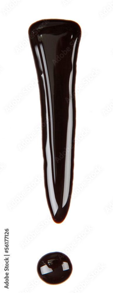 Exclamation mark made from chocolate syrup, isolated on white Exclamation mark made from chocolate syrup, isolated on white