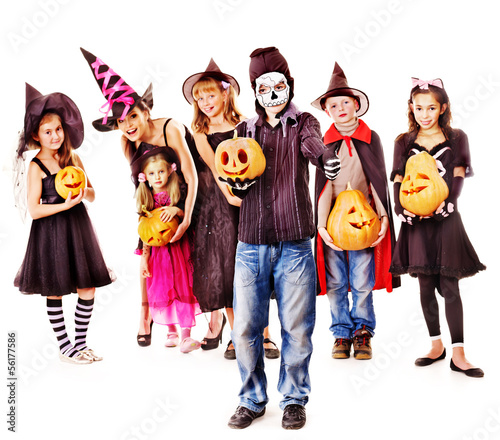 Halloween party with group kid holding carving pumpkin.