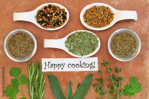 Happy cooking card with selection of herbs and spices
