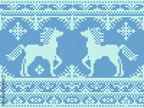 Seamless traditional blue Christmas pattern with running horses