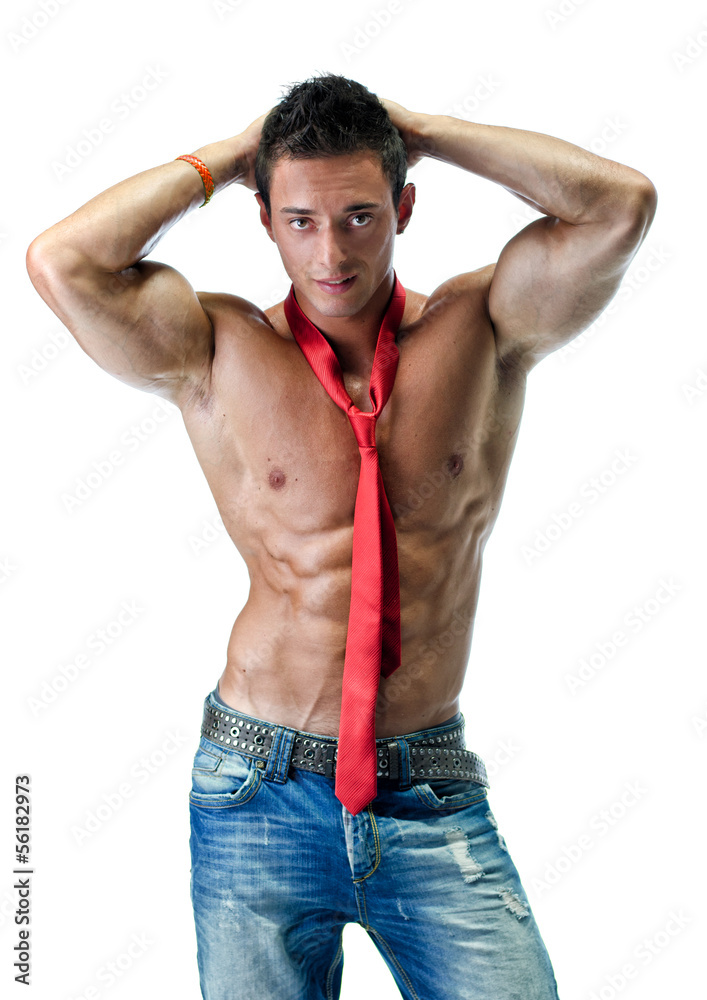 Fototapeta premium Handsome young muscle man naked, wearing only jeans and necktie
