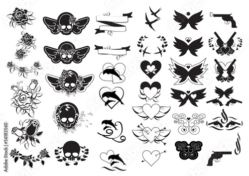 Tattoo Icons Set - Isolated On White Background