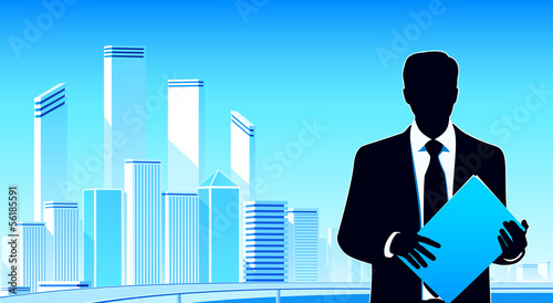 Businessman on city background