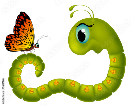Cartoony caterpillar looking at a butterfly