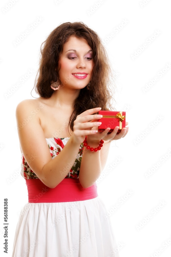 Girl opening small red gift box isolated Girl opening small red gift box isolated