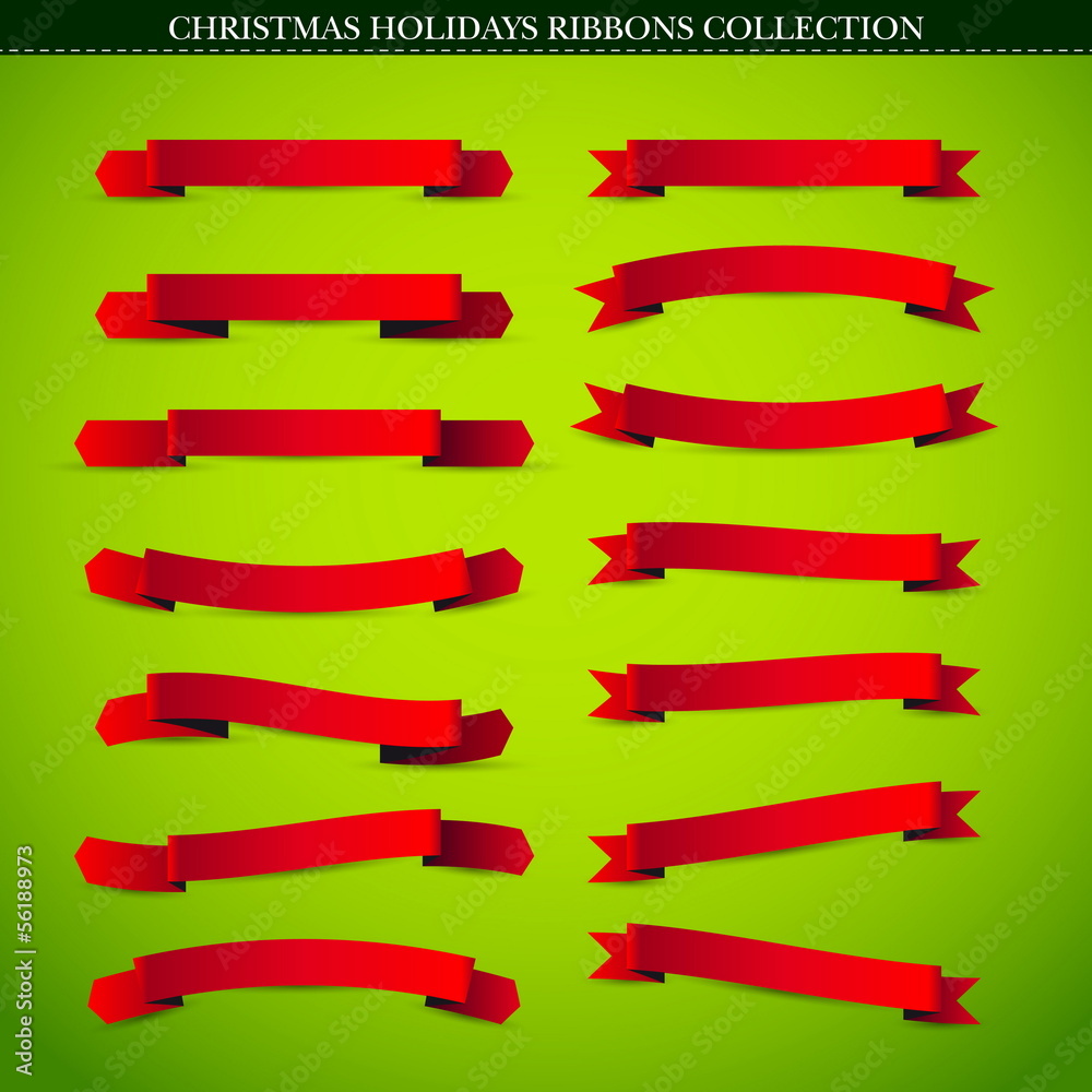 Big Red Ribbons Set - On green Background - Vector Illustration