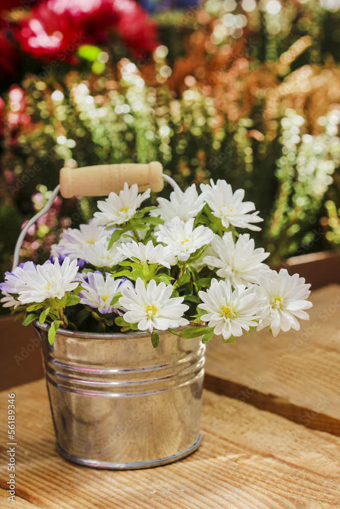 Silver bucket of white daisies