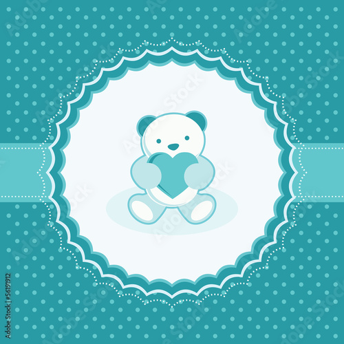 Greeting card with teddy bear for baby boy. Vector illustration.