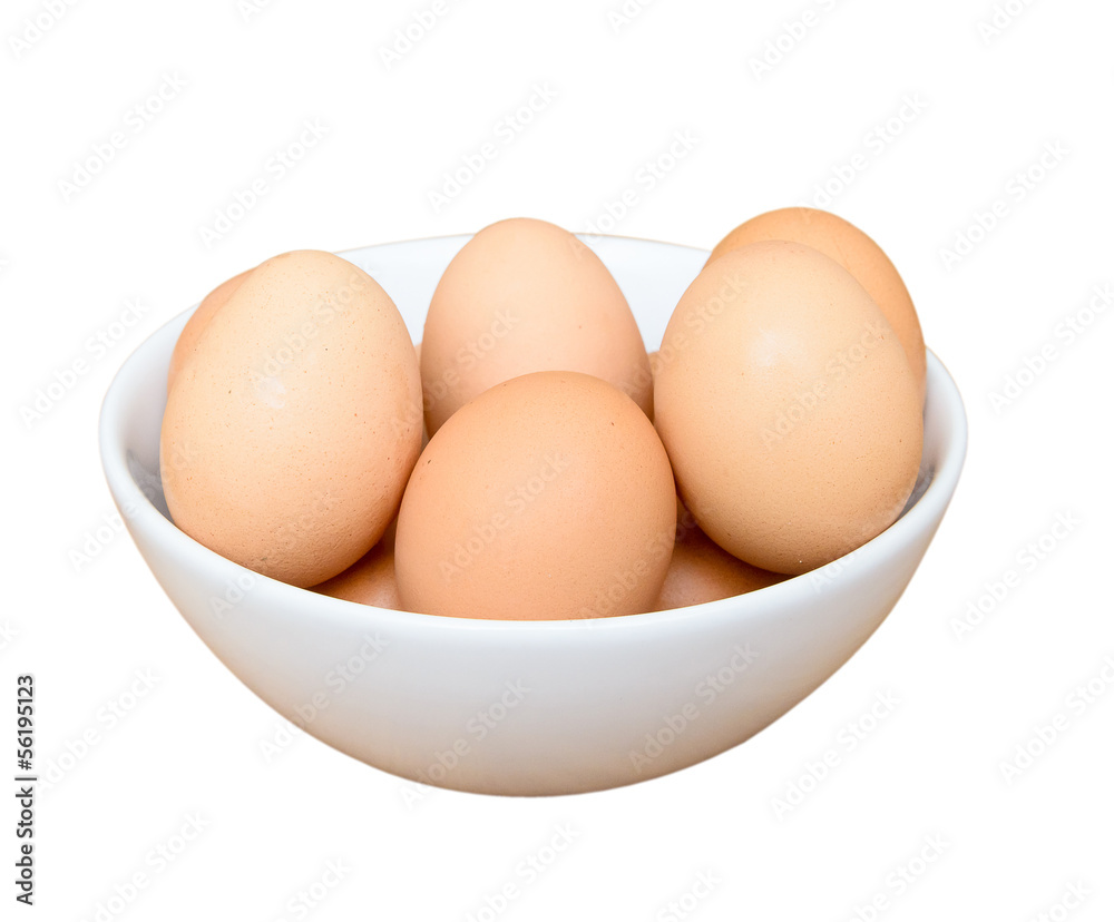 Eggs in white bowl isolated on white background Eggs in white bowl isolated on white background