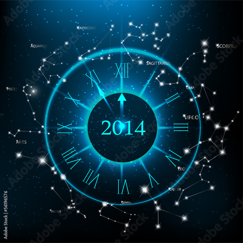 Vector horoscopes clock, New Year 2014 abstract background.