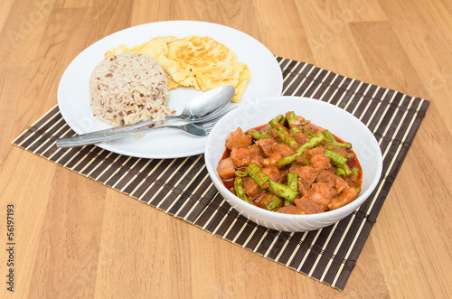 Принти на полотні Extremely hot stir fried string bean with pork have rice and ome