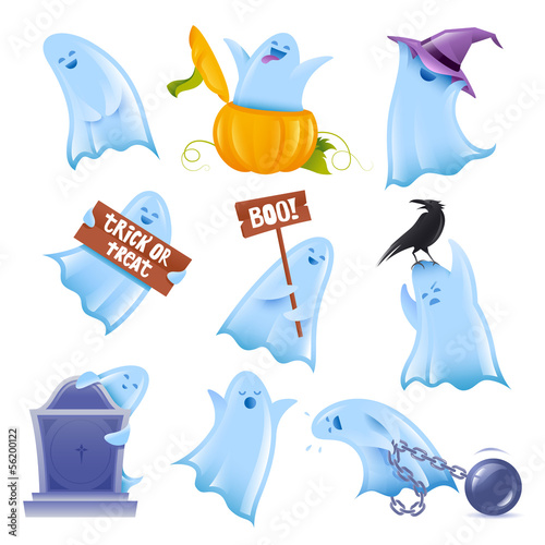 Set of 9 happy halloween ghosts in various situations