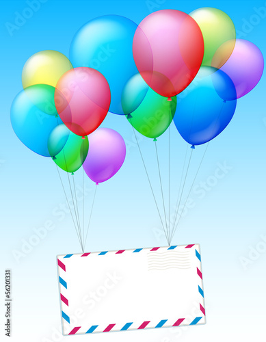 Two bundles of balloons are raising an envelope into the air